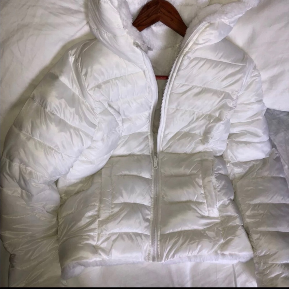 White faux fur puffer jacket